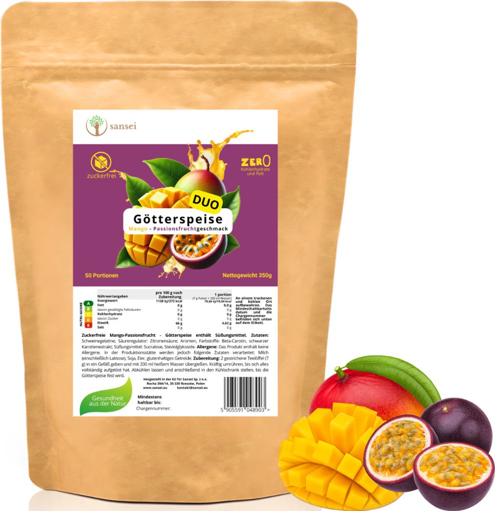 SANSEI Götterspeise Wackelpudding Mango-Maracuja 350g bis zu 50 Portionen - Zuckerfrei, Glutenfrei, ohne Fett, keine Kohlenhydrate, Öko-Verpackung