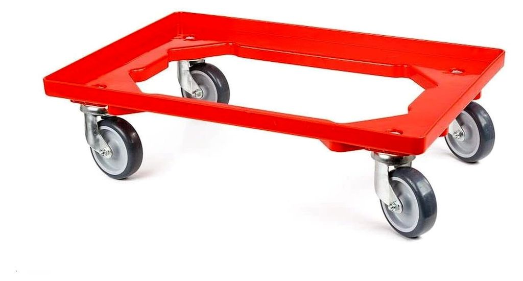 Transportroller mit Gummirädern rot | HxBxT 15x60,7x40,7cm | Offen | 4 Lenkrollen