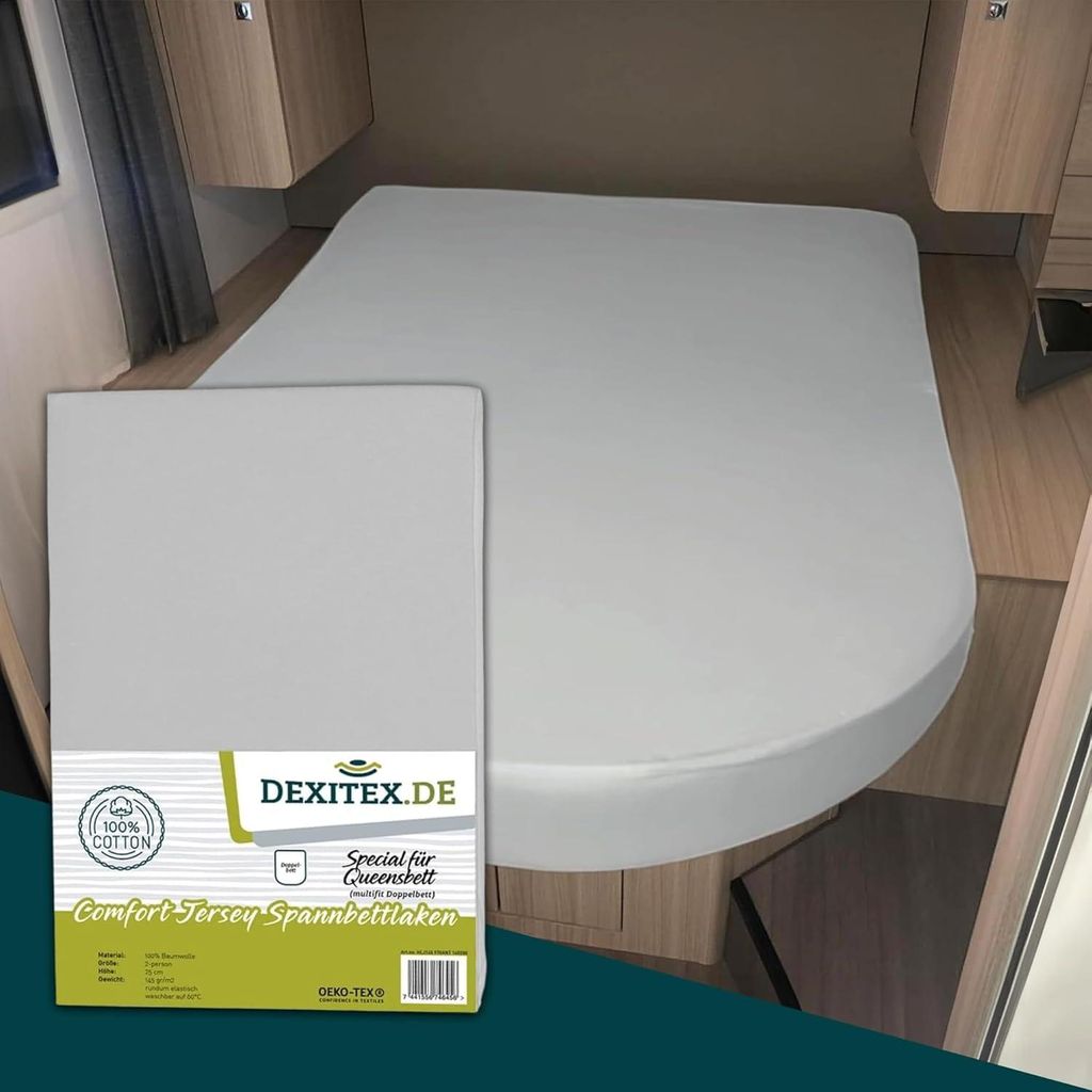 A product package for a fitted sheet is shown in the foreground, with a fitted sheet on a bed in the background.