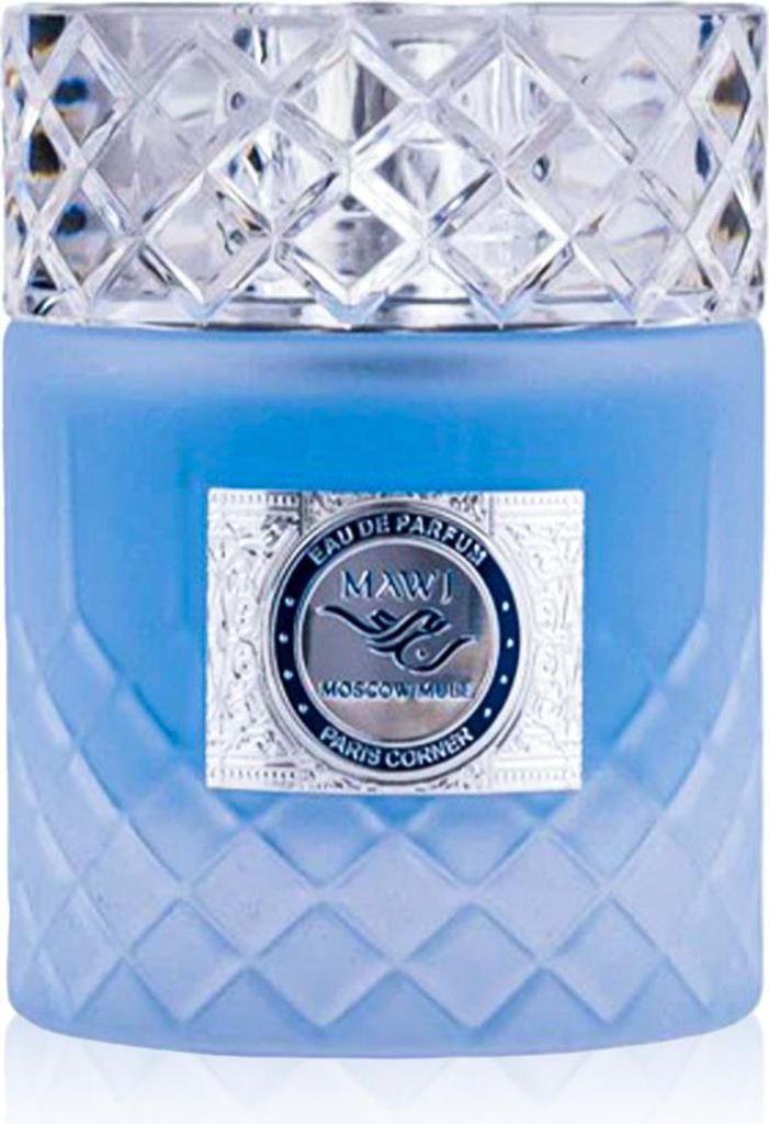 A close-up studio shot of a blue perfume bottle with a silver label.