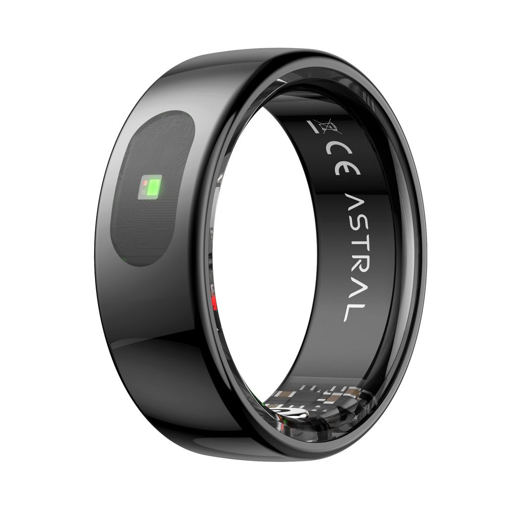 A close-up studio shot of a black smart ring.