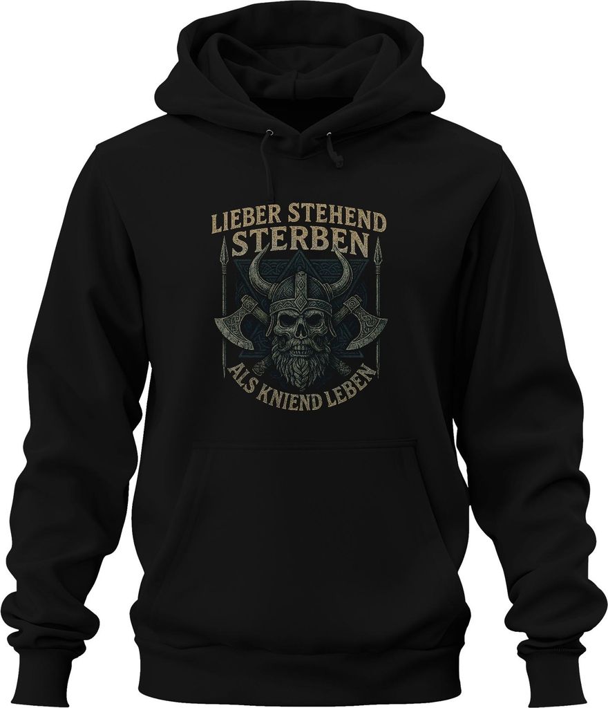 Stehend sterben statt kniend leben Wikinger Totenkopf Helm Äxte Uni Hoodie Kapuzenpullover, Schwarz, M