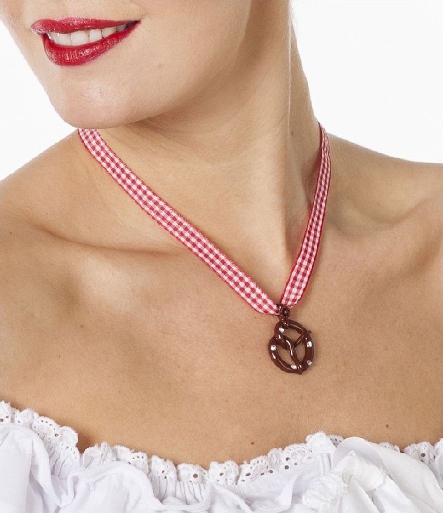 W31524 rot-weiß Damen Trachten Band Brezel Kette