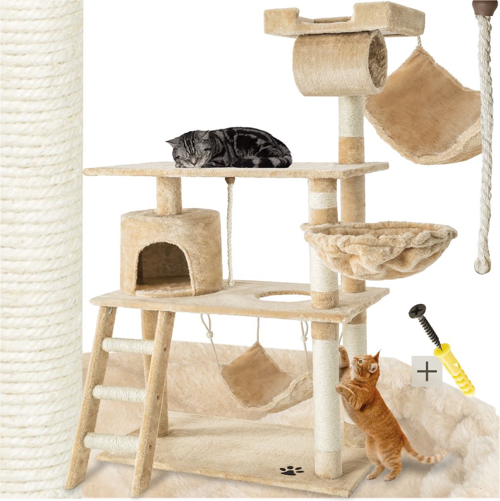 A cat tree with multiple levels, hammocks, and scratching posts, with two cats interacting with it. A screw and yellow tool are also visible.