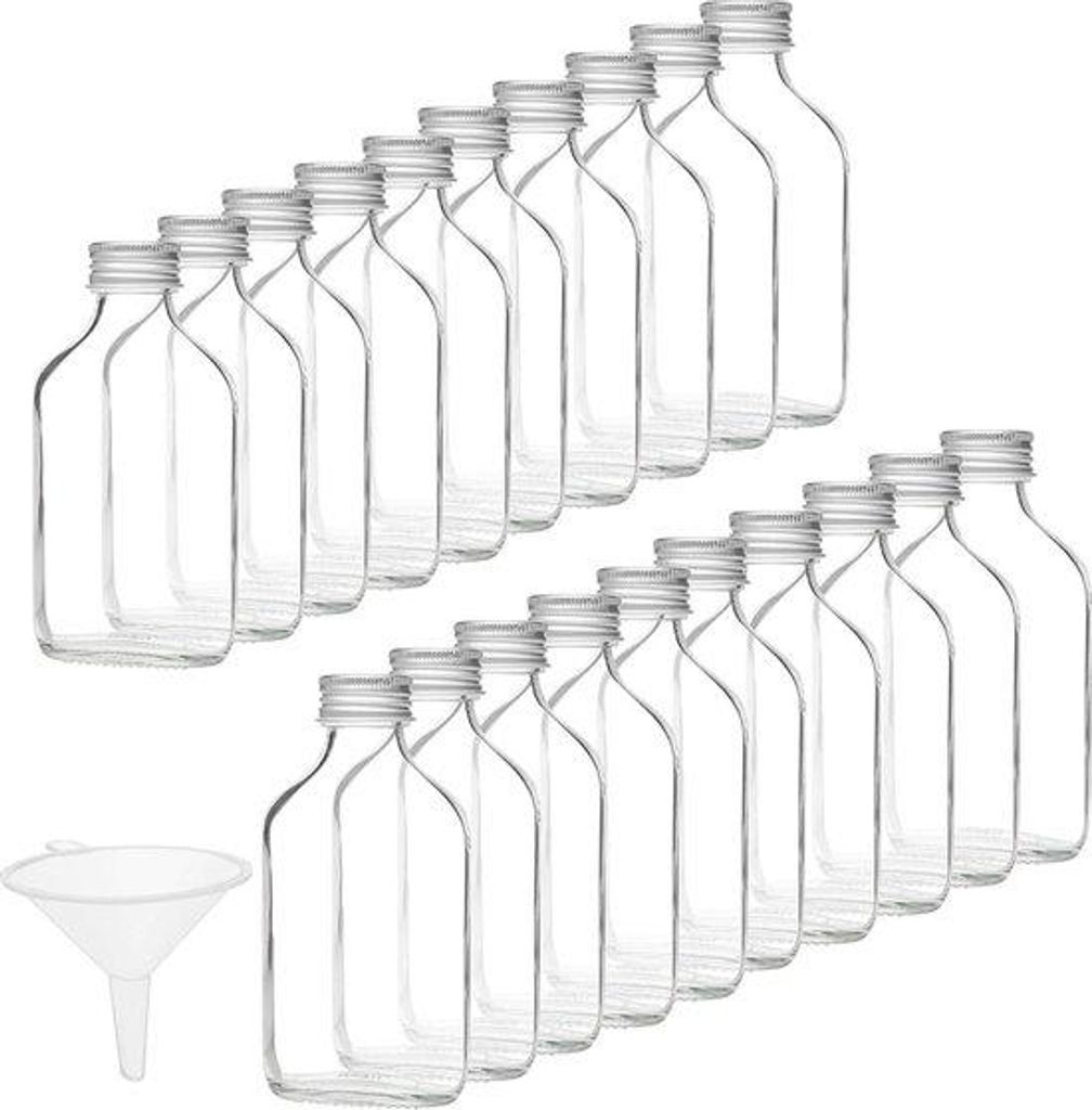 Miniaturen-Glasflaschen-Set 100ml, silberne Verschlüsse & Trichter, leer, für Hochzeiten & Feiern