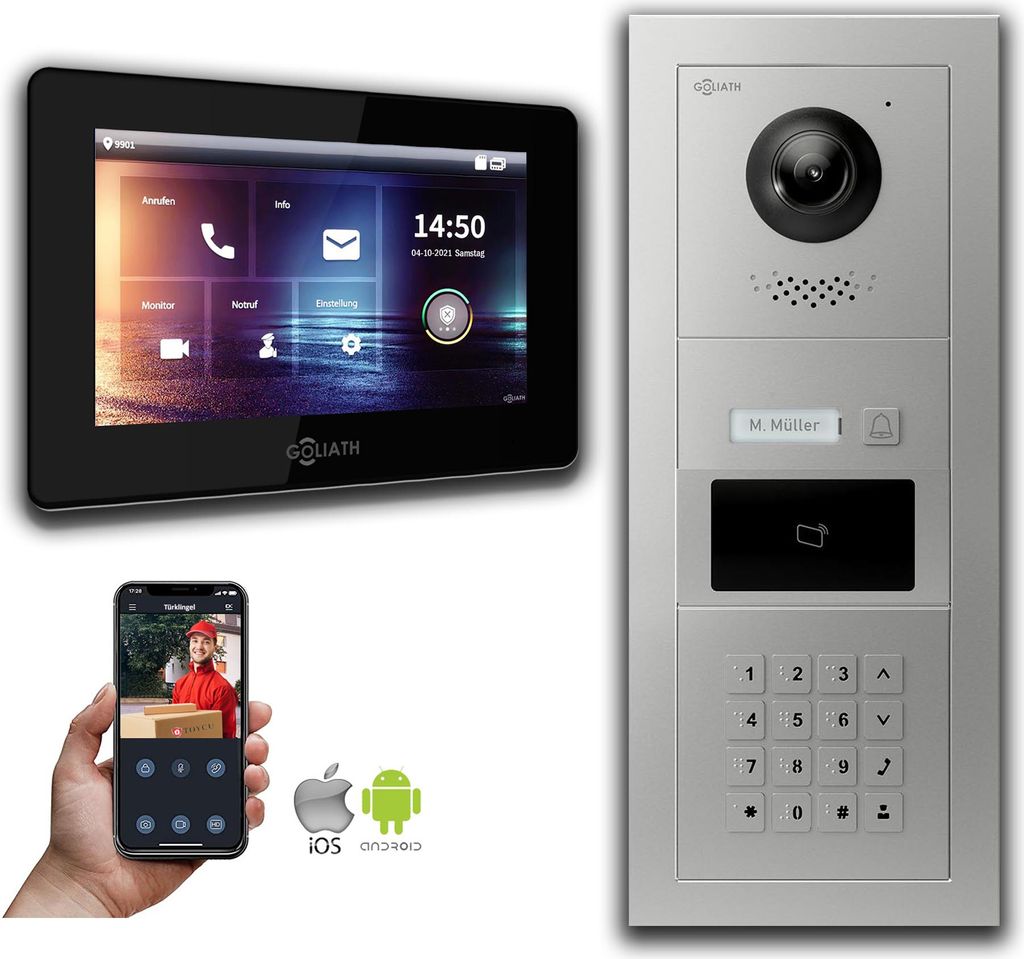 Türsprechanlage mit Kamera Goliath IP 2-Draht Zahlencode RFID : Unterputzdose : 7 Zoll in Schwarz Türklingel Montagedose: Unterputzdose Monitor A...