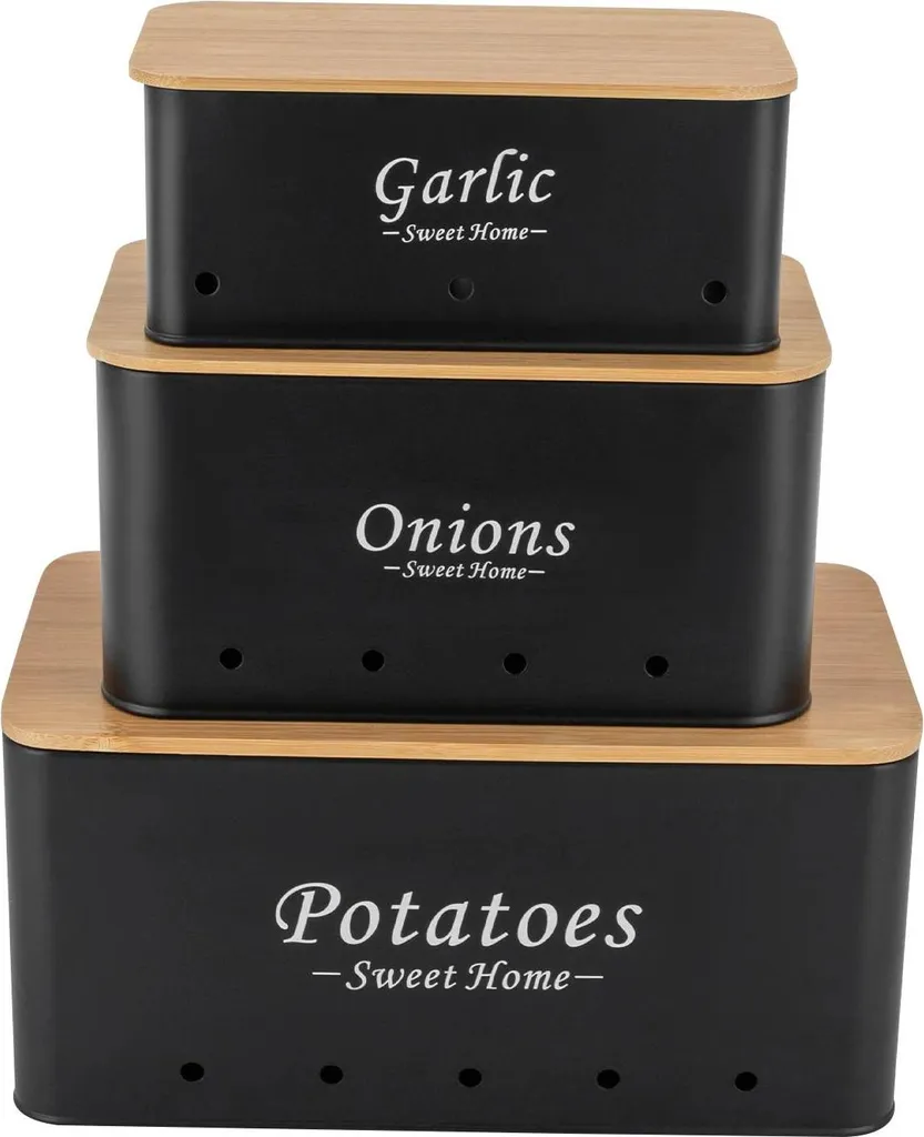 Contenitori Patate e Cipolle Metallo Nero Opaco - Set 3 Pezzi Salvaspazio