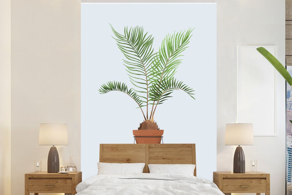 MuchoWow Fototapete für Wohnzimmer oder Schlafzimmer Wandtapete Vinyl Motivtapete Pflanzen - Palme - Pastell - Blau - 225x350 cm - Schlafzimmer ...