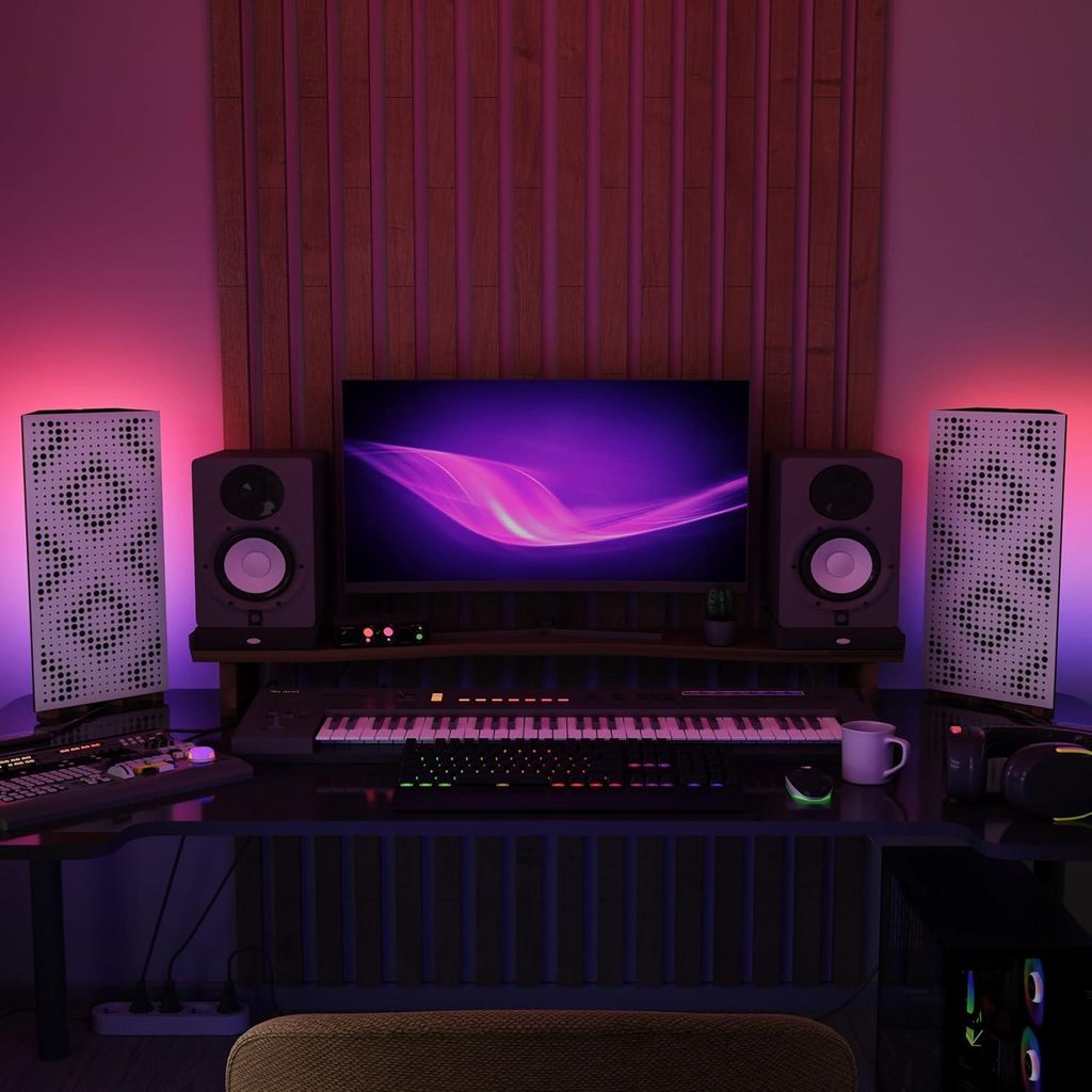 2er-Pack schmale Bassfallen "REBAT" mit RGB-Schreibtischlampe | Mobiler Ständer mit LED-Tischfuß | 23x50x10 cm | Farbe: Weiß