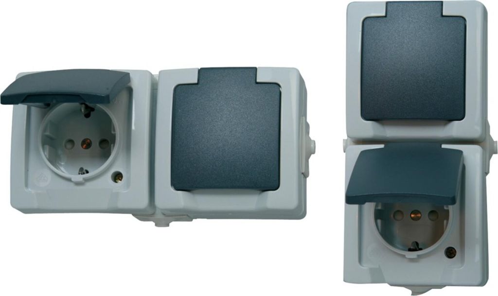 Two outdoor electrical outlets with protective covers, shown from different angles.