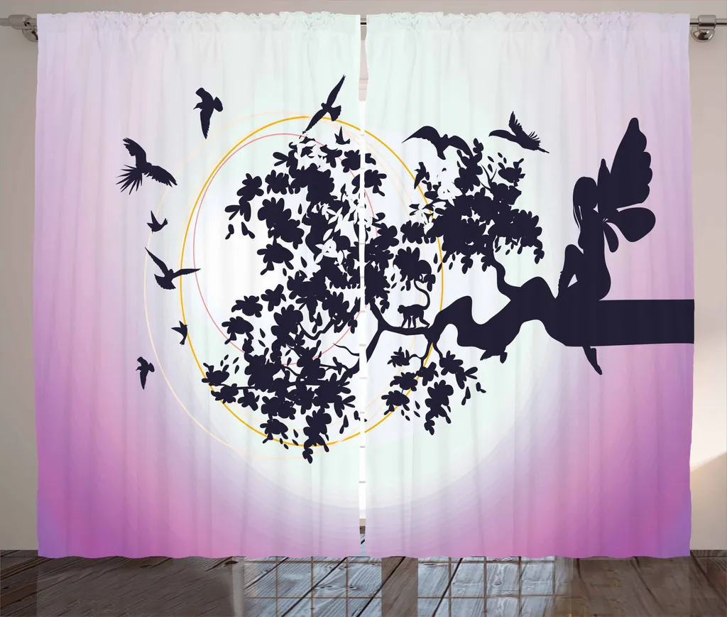 ABAKUHAUS Tenda rustica in stile anime, fantasia con fate, alberi e uccelli, tenda per camera da letto con passanti e ganci, 280 x 175 cm, viola scuro e fucsia
