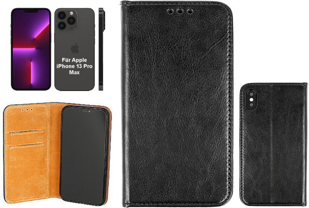 OLLI BookCase - für Apple iPhone 13 Pro Max – REAL LEATHER black, aus handgefertigtem, schwarzem Echtleder