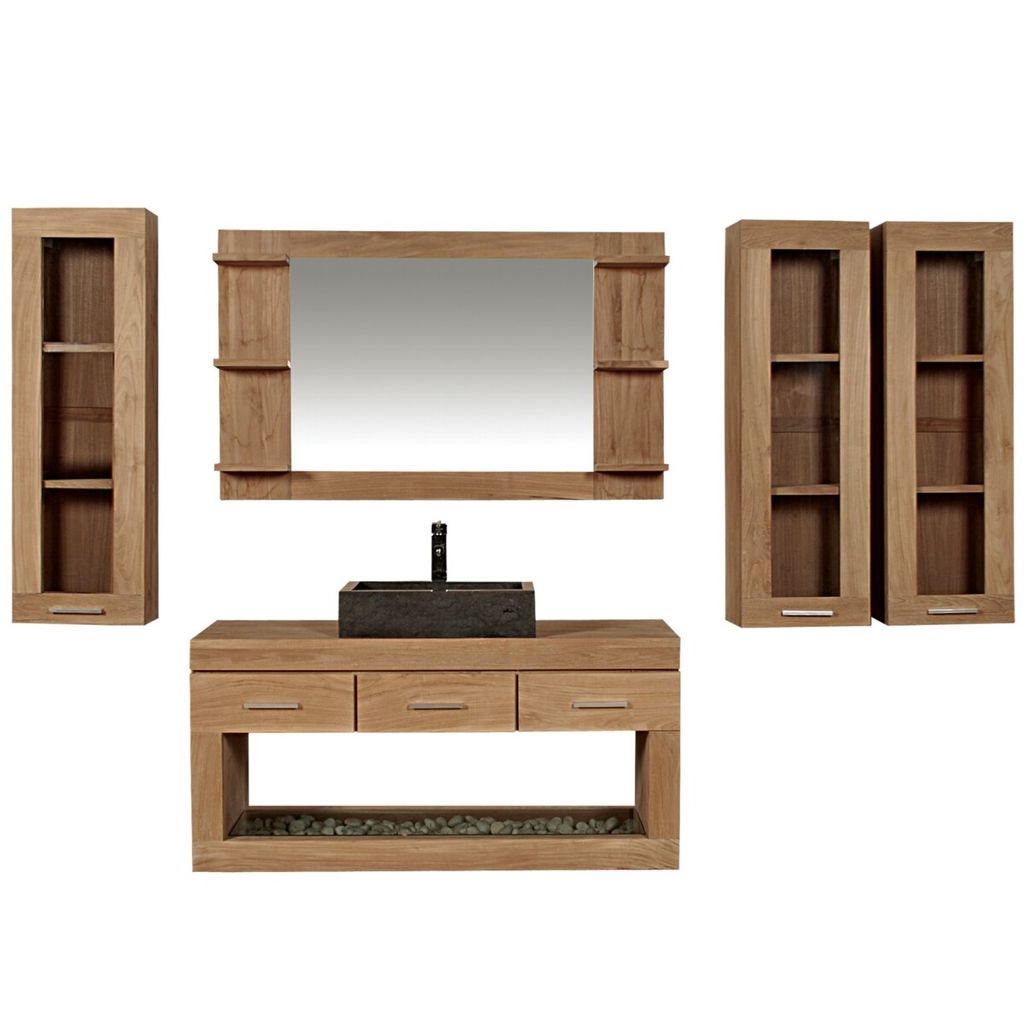 Teako Design Badmöbel Set Boras Massiv Teakholz mit Spiegel 90 cm