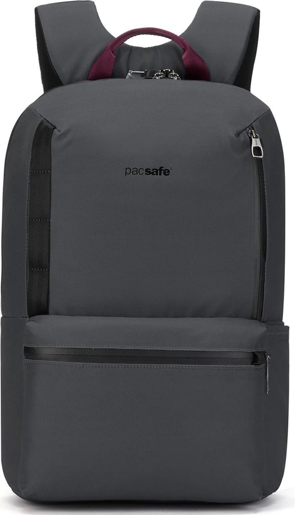 A front view of a gray backpack.