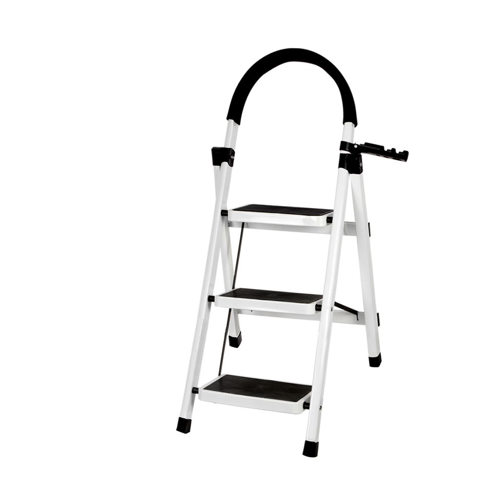A white stepladder with black anti-slip treads and a black padded handle is shown against a white background.