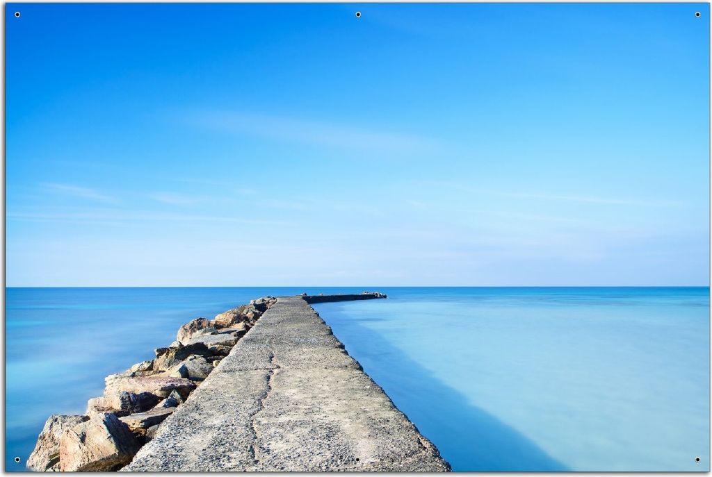 Wallario Outdoor-Poster für Garten oder Balkon, Motiv Pier am blauen Ozean mit blauem Himmel, in ca. 61 x 91,50 cm