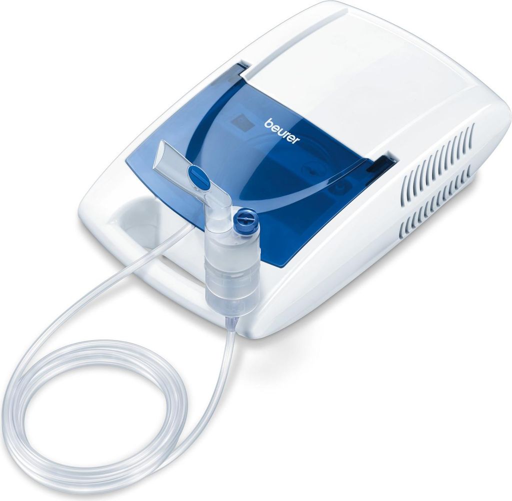 A white and blue Beurer inhaler with a clear tube attached.
