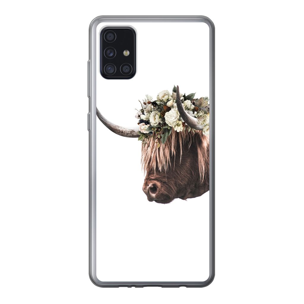 MuchoWow Handyhülle Schutzhülle Hülle für Samsung Galaxy A52 5G Schottischer Highlander - Kuh - Rosen Silikon Softcase Handy Hülle - Umschlag