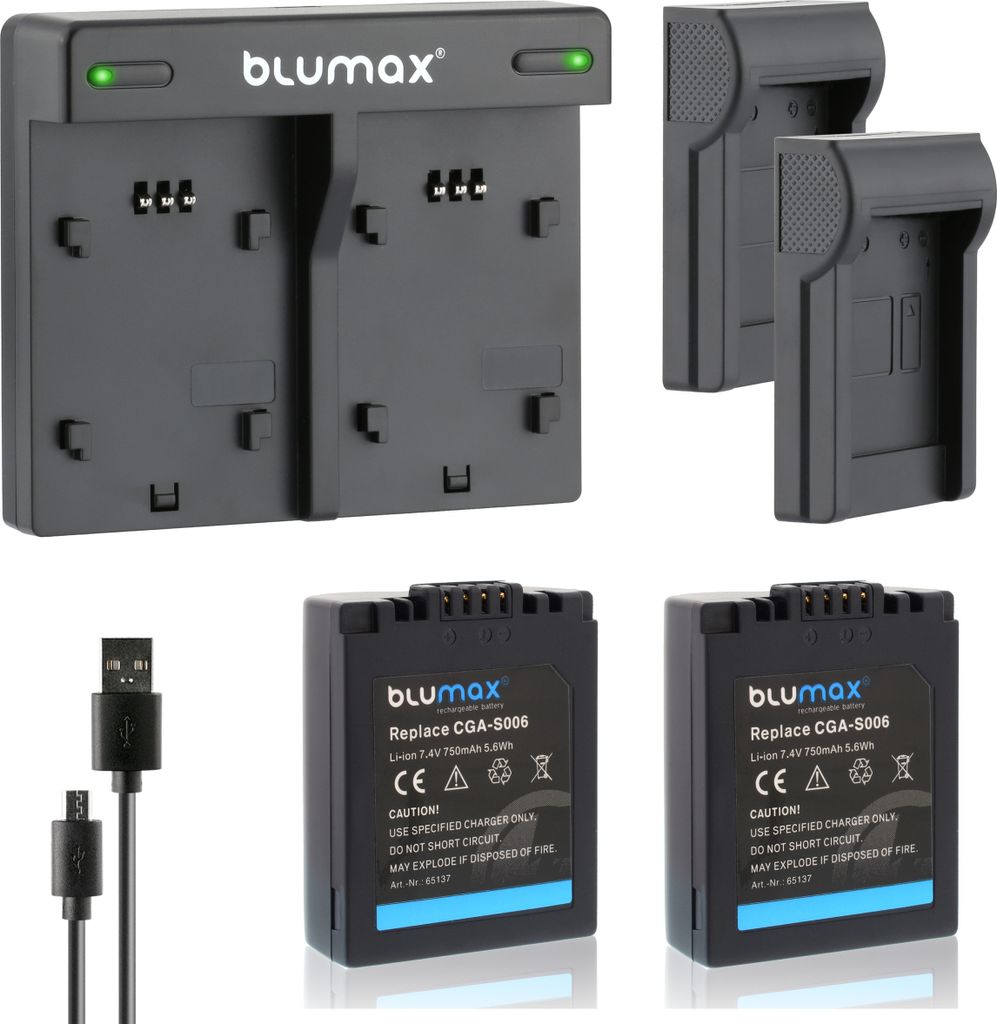 2x Akku + Lader für Panasonic CGA-S006 CGR-S006E DMC-FZ50 FZ18 750 mAh 7,2V