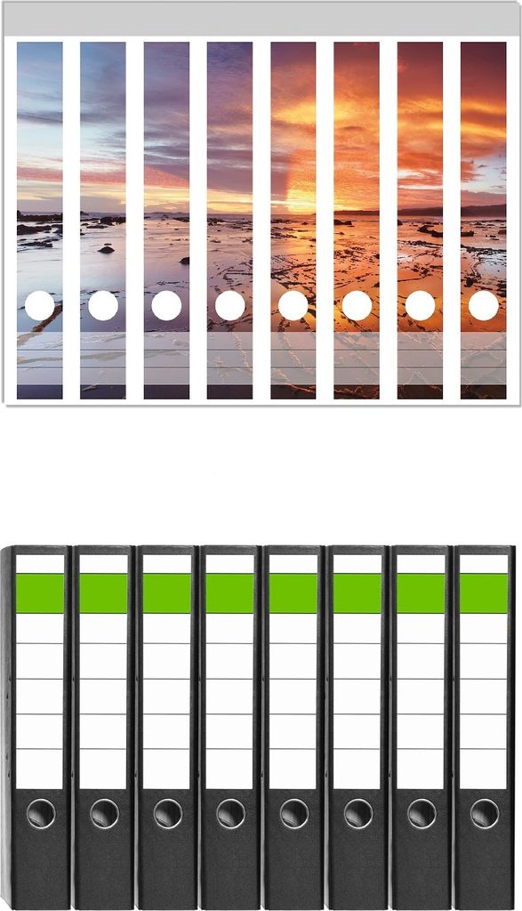 Wallario 8 Stück schmale Ordner inkl. Klebeetiketten mit Motive Wattwanderung am Meer bei Sonnenuntergang - Set mit Rückenschildern / Ordnerrück...