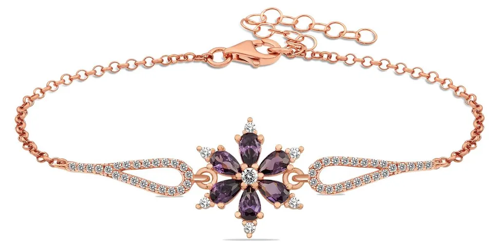 Bracelet fleurs zircone violette avec finition or rose brillant de 18cm