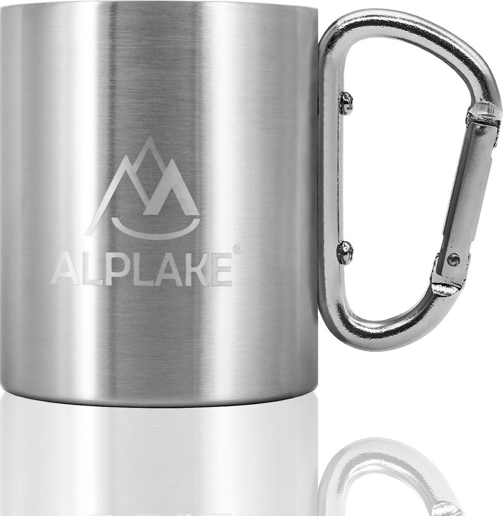ALPLAKE Doppelwandige Edelstahl-Tasse, Metall-Becher, Karabiner-Griff, 250 ml