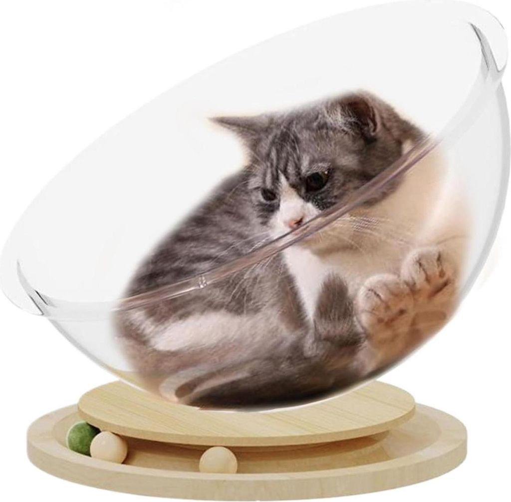 Katzenbett-Set im Raumkapsel-Design, 43 cm mit Holzsockel, transparentem Napf und Spielball, geeignet für Katzen bis 7 kg