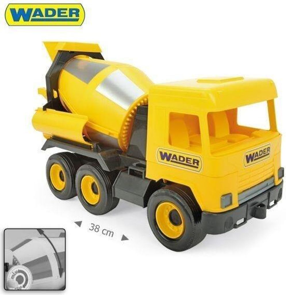 A yellow and black toy cement mixer truck.