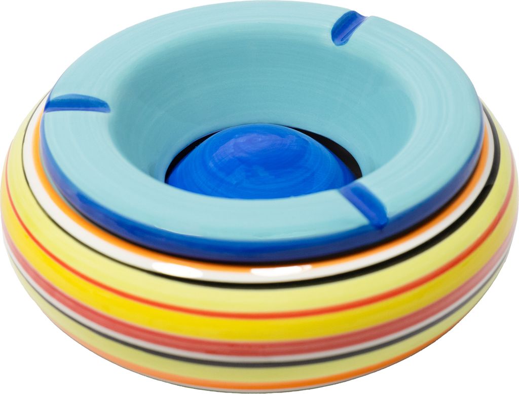 Wind Aschenbecher Stripe Tischachenbecher Ascher Deckel Bunt Streifen Porzellan L - Ø 20cm - Blau
