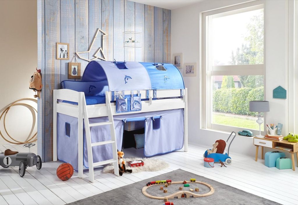 Halbhohes Einzelbett Mischelle Buche massiv Weiß lackiert 90x200 mit Textilset