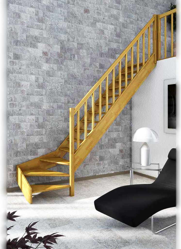 Dolle Raumspartreppe Paris ohne Setzstufen Eiche versiegelt Treppenlauf 1/4 gewendelt unten rechts Rechteckstäbe