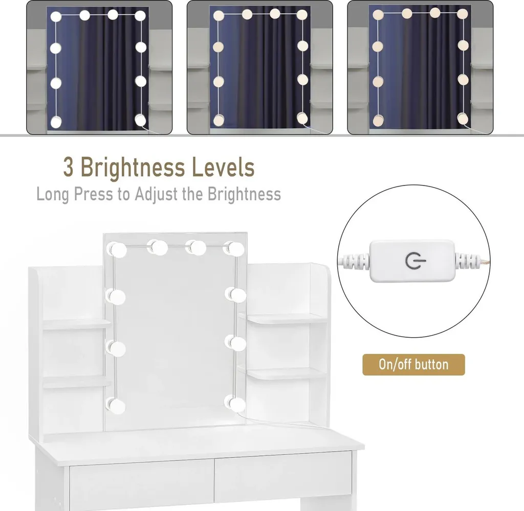 Coiffeuse Blanche Gain de Place avec Miroir LED et Rangement Multi-niveaux - 3