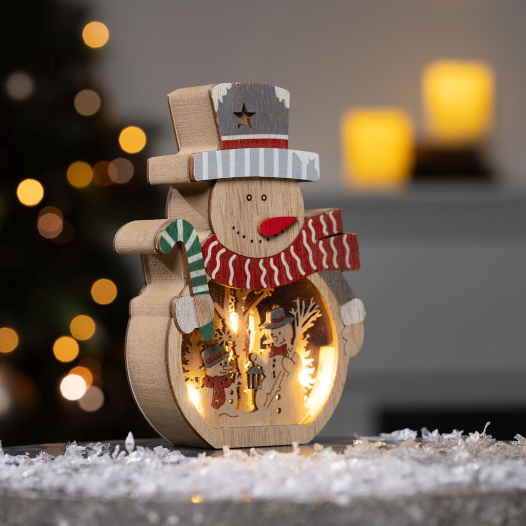 Bambelaa! LED Weihnachts Holzdekoration Schneemann aus Holz für Innen mit 5 warmweißen LEDs ca. 11 x 3 x 15,8 cm