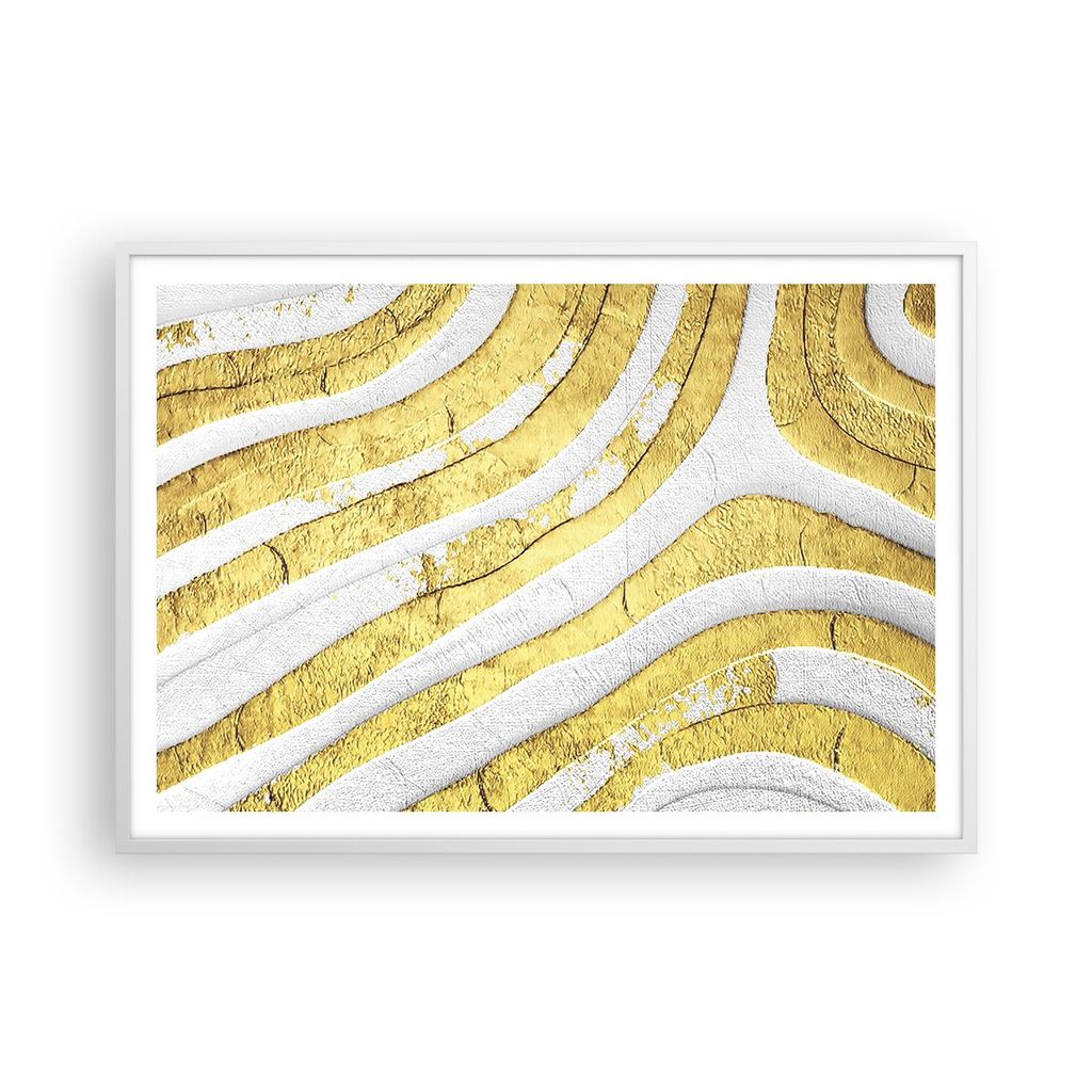 Gerahmtes Poster - Weißer Rahmen - Abstraktion Gold Weiß - 100x70 cm - Wand Bild - Wanddeko - Wandbilder - Kunstposter - Wandposter - Bilderrahme...