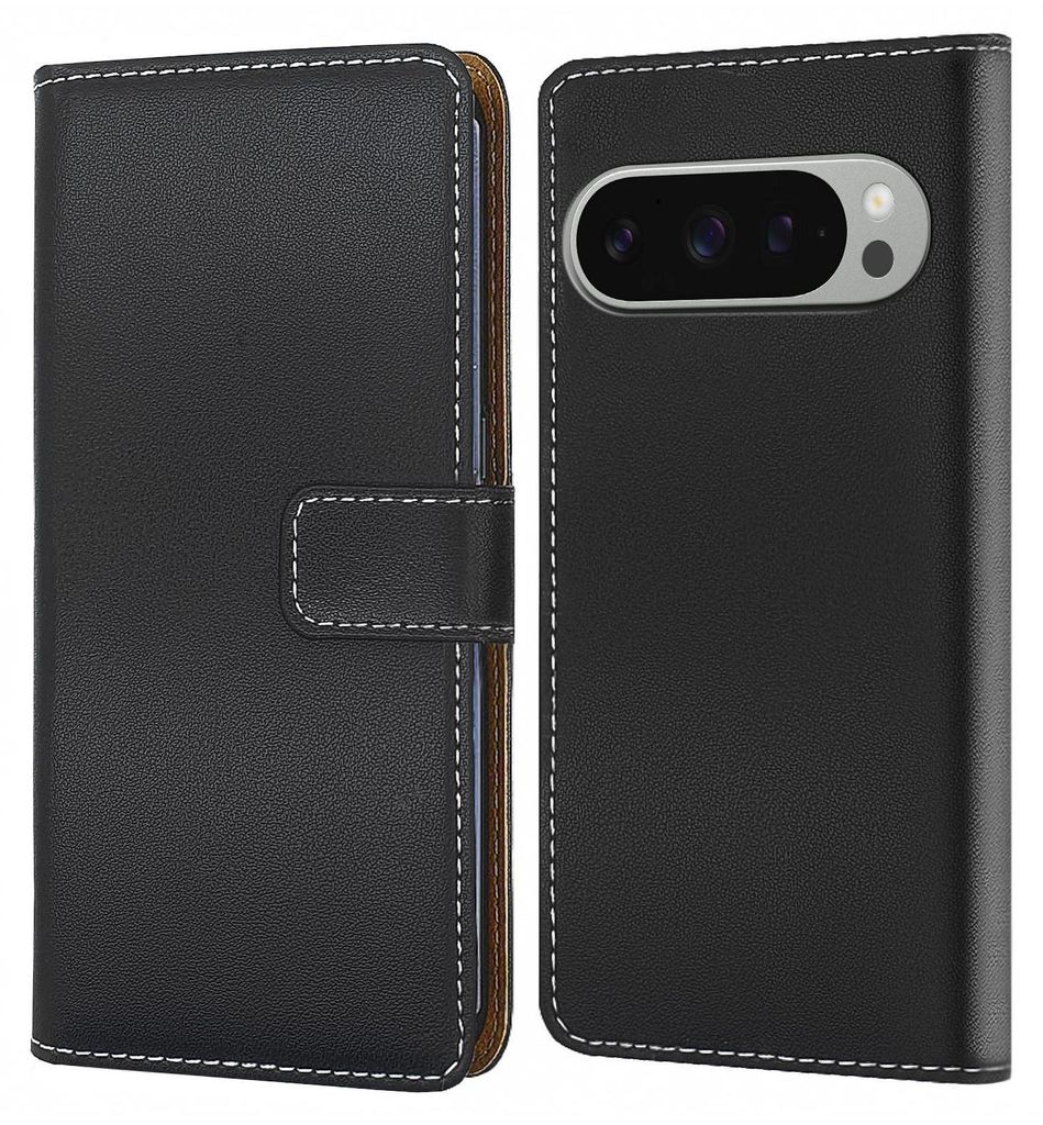 A black flip-style phone case for a Google Pixel 9a is shown from the front and back.