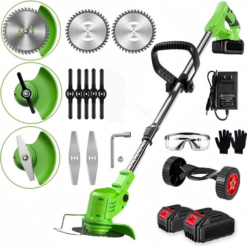 Akku-Rasentrimmer mit 2x 21V Batterie und Ladegerät,3-in-1 Kabelloser Unkrautfresser,3 Arten Klingen,Teleskop-Stiel & Zusatzhandgriff,mit Rädern,...