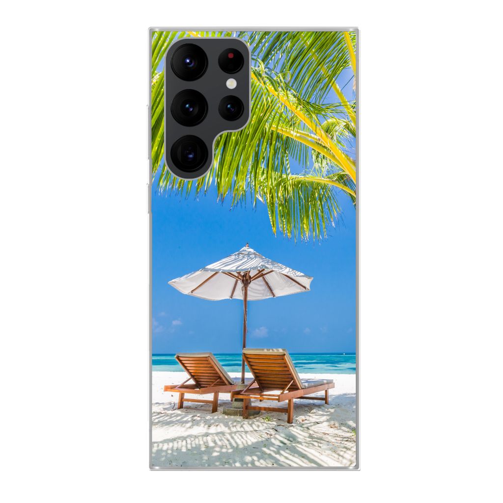MuchoWow Handyhülle Schutzhülle Hülle für Samsung Galaxy S22 Ultra Palme - Strandkorb - Sonnenschirm Silikon Softcase Handy Hülle - Abbildung