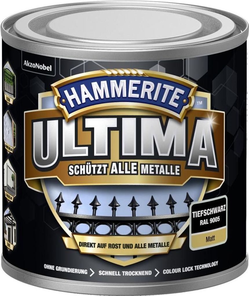 Hammerite Metall-Schutzlack ULTIMA Matt 250ml | Tiefschwarz RAL9005