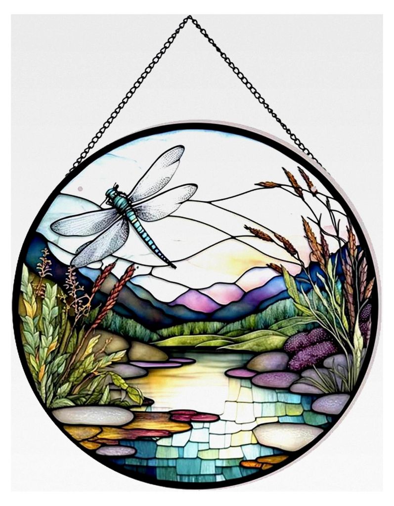 Sonnenfänger mit Fluss- und Libellenmuster aus Buntglas, zum Aufhängen, 20 cm, handbemalt, Gartenbehang, bemalte Glasscheibe, Dekoration, Geschen...