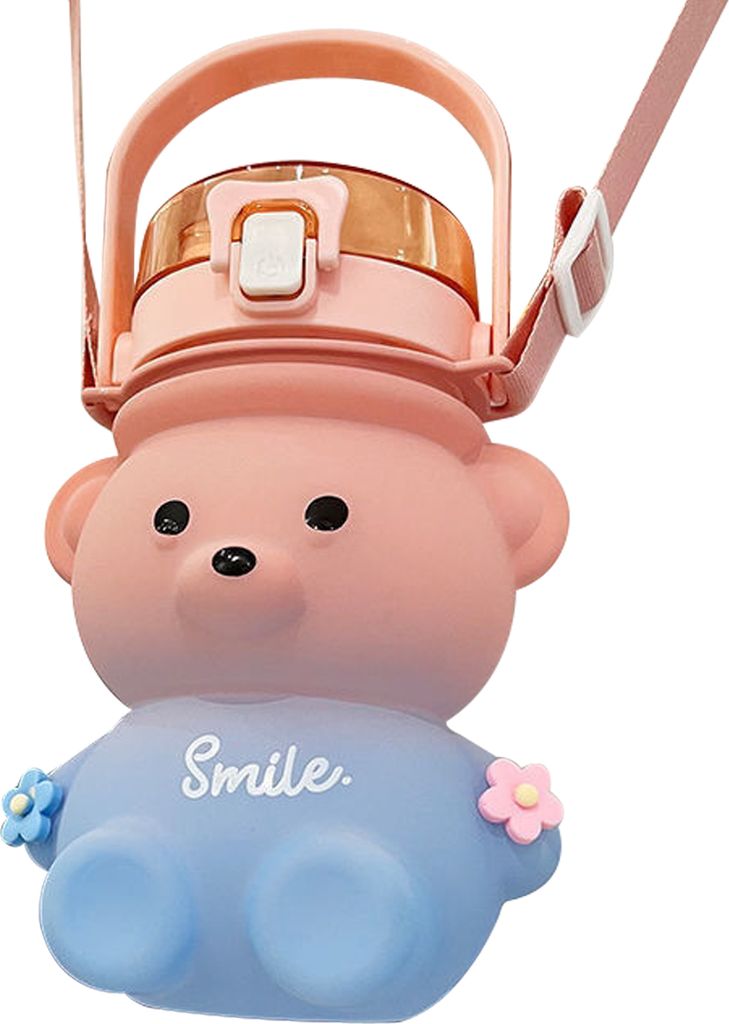 Niedliche Bären-Strohhalmflasche - Bären-Wasserflasche mit großem Fassungsvermögen zum direkten Trinken mit Strohhalm und Riemen (pink)