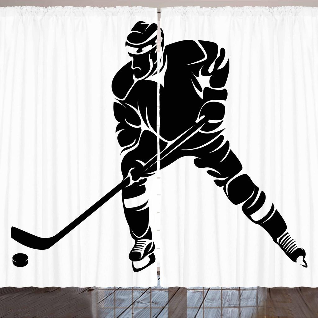 ARANDE Eishockey Gardine, Abstraktes schwarzes Schattenbild eines wettbewerbsfähigen Spielers im Match-Positions-Sportler, 280 x 225 cm, Weiß Sch...