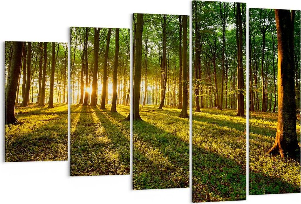 Bild auf Leinwand - Leinwandbild - Wald grün Sonnenstrahlen Natur - 150x100cm - Wand Bild - Wanddeko - Leinwanddruck - Bilder - Kunstdruck - Leinw...