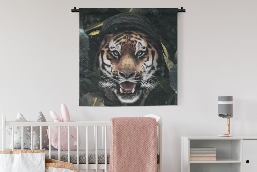 MuchoWow Wandteppich Wandbehang Tiger - Blumen - Kleidung 90x90 cm Tapisserie Dekoration Wandtuch - Wandaufhänger