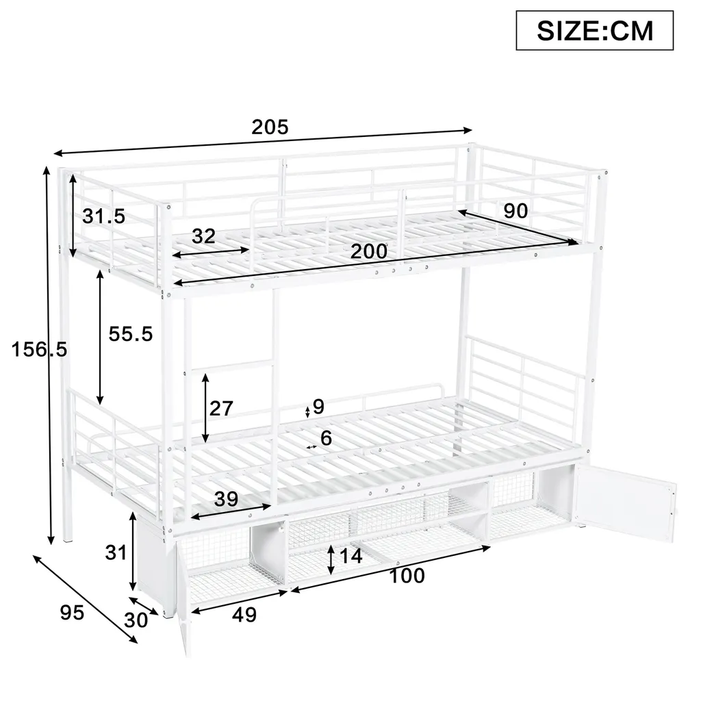 Lit superposé blanc en métal avec barrière anti-chute et armoire 2 portes - 3