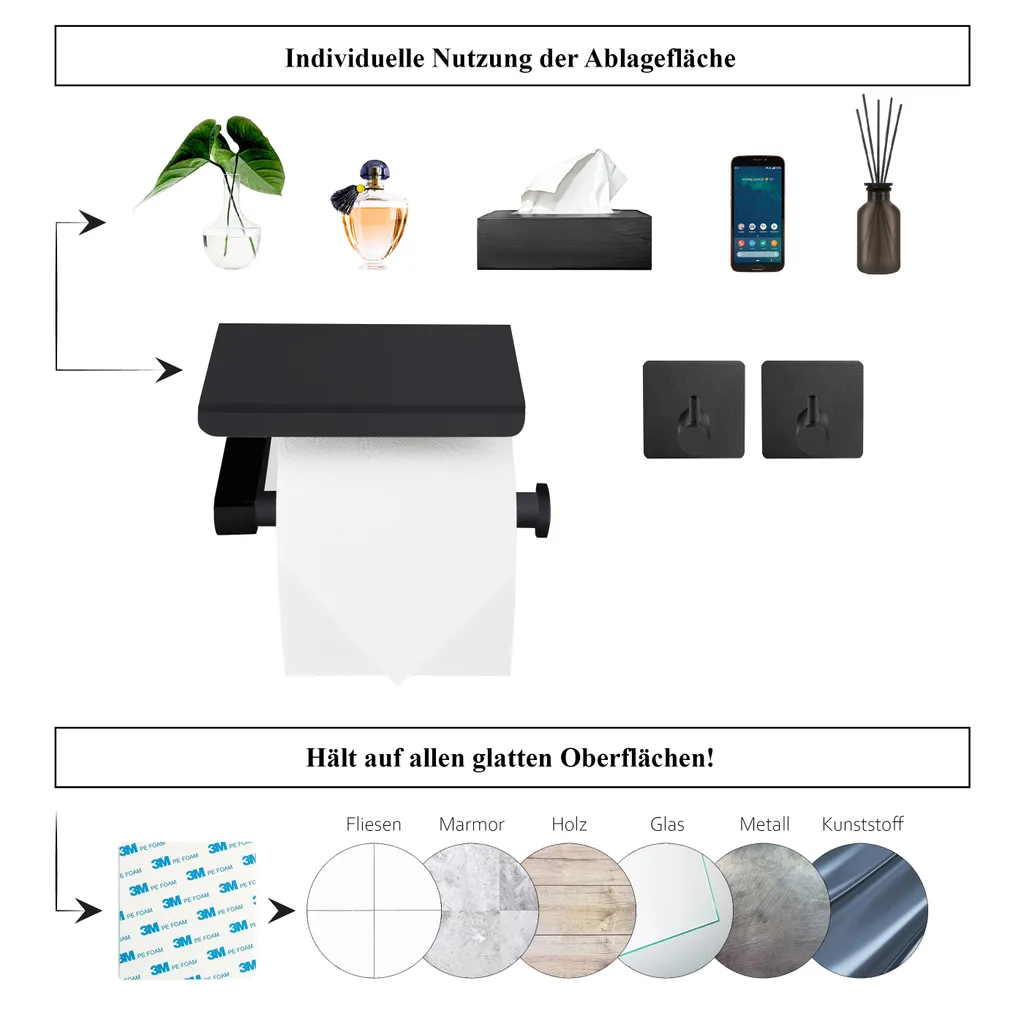Support papier WC mural noir mat avec étagère pour smartphone