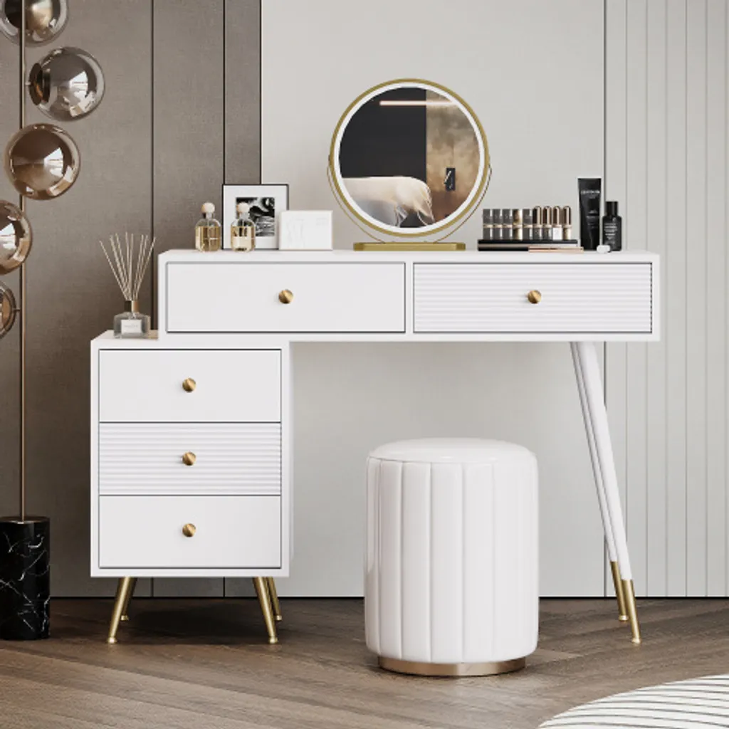 Table de Maquillage Blanche avec Miroir Lumineux LED et Pieds en Métal