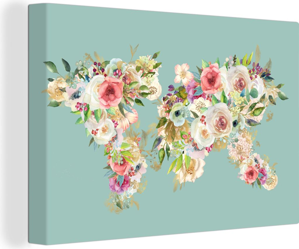 OneMillionCanvasses - Leinwandbilder - 140x90 cm, Karte - Welt - Blumen - Pflanzen, Wandbilder Kunstdruck Wanddekoration