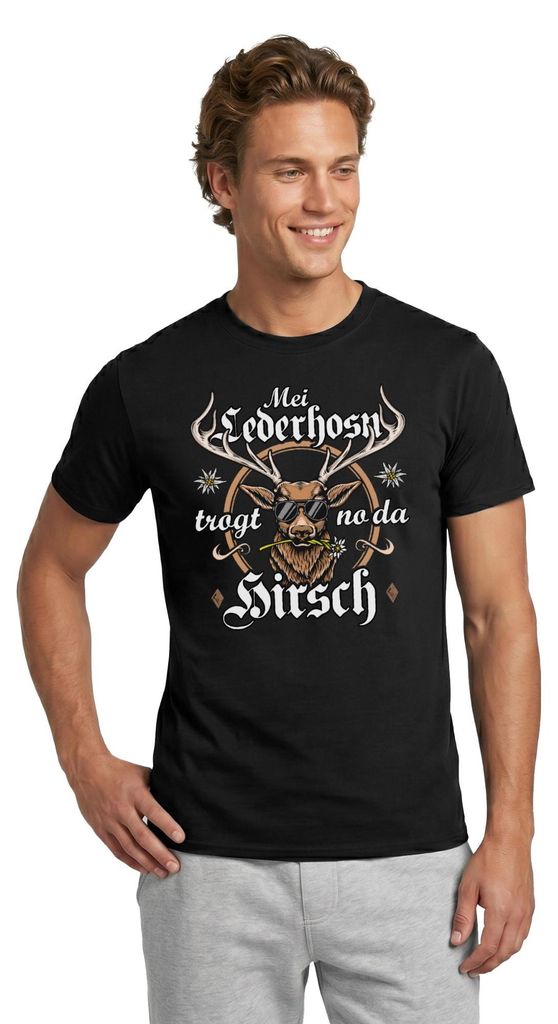 Spreadshirt Mei Lederhosn Trogt No Da Hirsch Wiesn Männer T-Shirt, XL, Schwarz