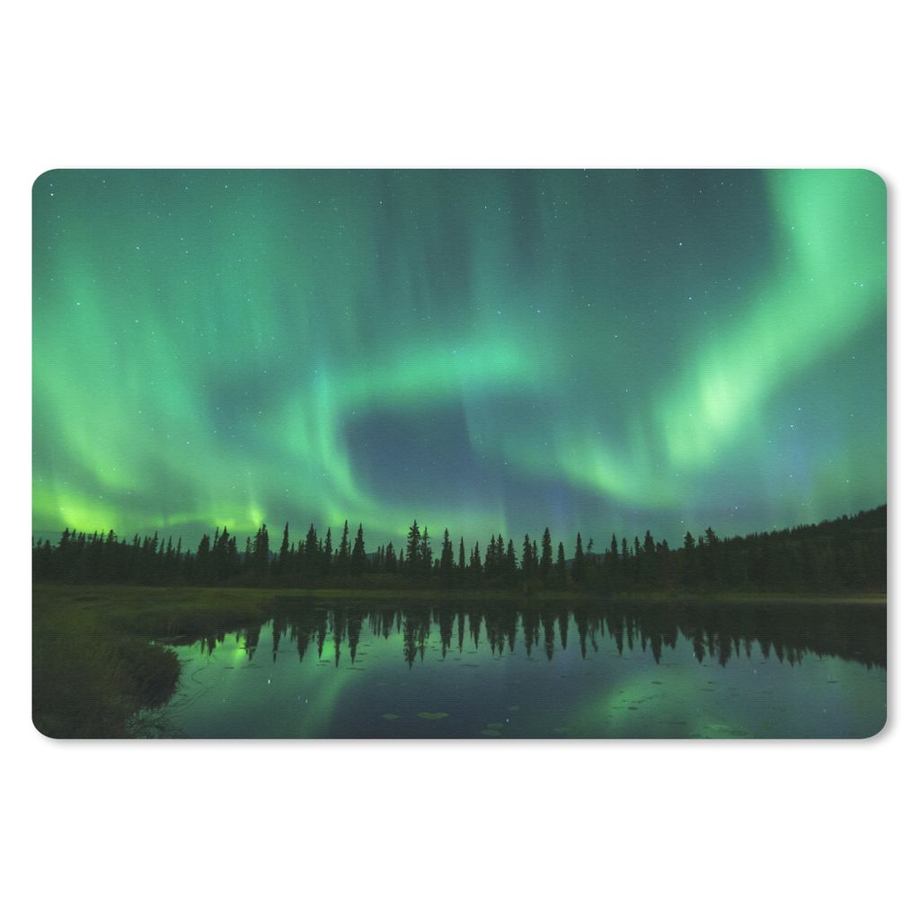 MuchoWow Schreibtischunterlage Nordlicht - Bäume - Wasser - Alaska 60x40 cm - XXL Mauspad - Großes Mauspad