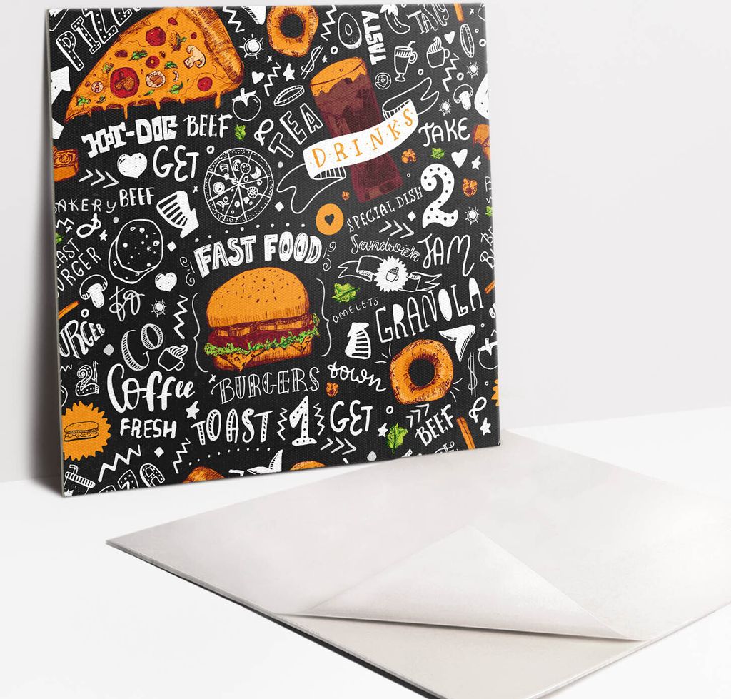 Fliesenaufkleber Set für Bad und Küche - 9 Fliesen Selbstklebend PVC - 30 x 30 - Fast -Food -Zeichnen von Lebensmitteln